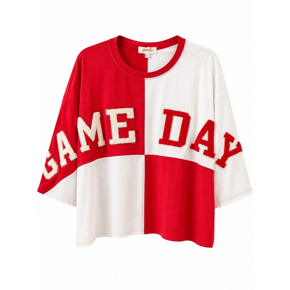 NEW Jess Lea Red/White Game Day Top Chenille Patch Crop 2X